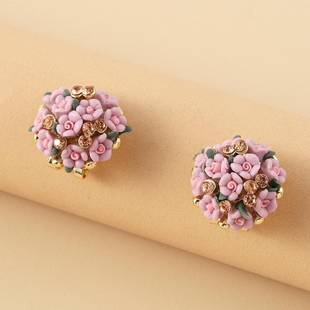 Romantic Ceramic Flower Rose Diamond Alloy Earrings Temperament Ear Buckle Exquisite Stud Earrings Jewelry Popular