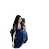 Retro temperament blue V-neck floral suspender dress women's summer vacation wind seaside beach dress A-word long dress tide