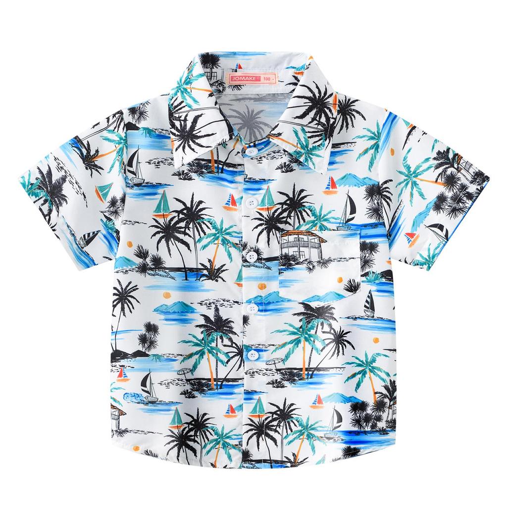 Jungen Klassisches Strand Kokospalmen-Print Kurzarm Hemd Koreanischer Stil