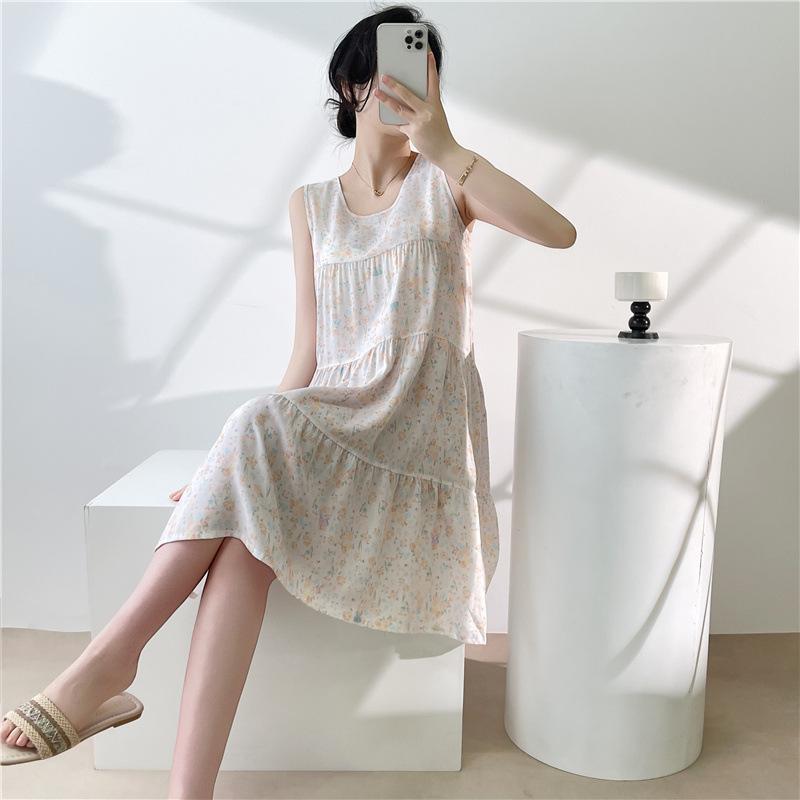 Women's Cotton and Silk Nightgown Summer Thin Internet Celebrity Large Size Printed Pajamas New Sleeveless Loungewear