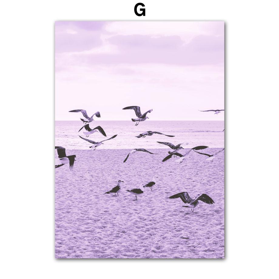 Wall Art Dreamy Purple Tropical Beach Coconut Tree Seagull Starfish Canvas Painting Living Room Decor Posters And Prints Picture