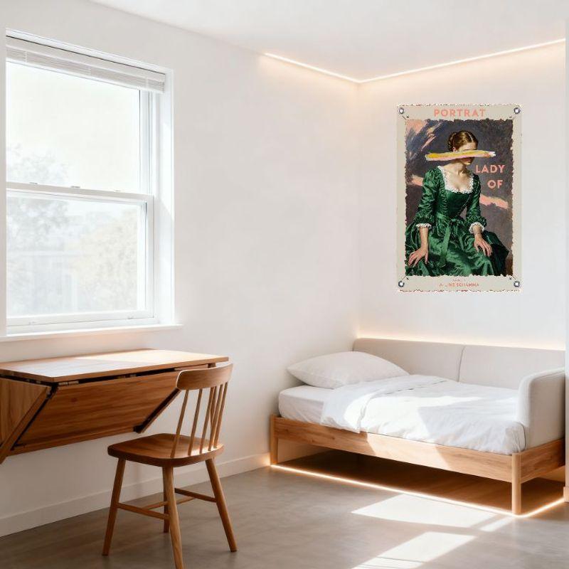 Vintage 18th - Century Lady In Green Dress Metal Tin Sign with Pink & Yellow Accents, PORTRAIT Lady of John P. A - Line Schamma