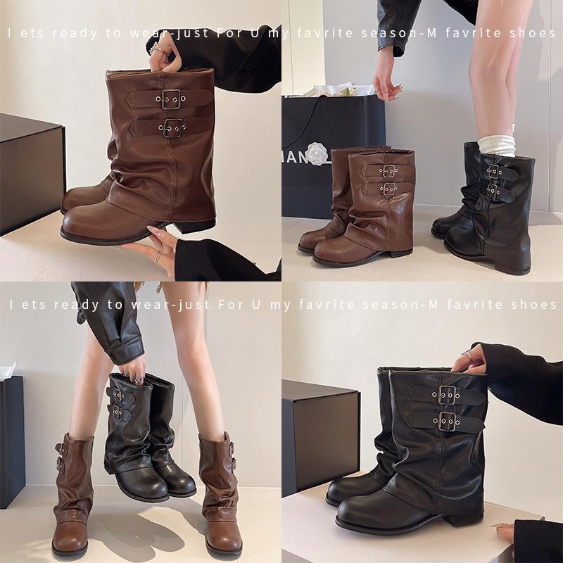 Pleated Pile Boots Women's 2025 New Black Merad Medium Boots Autumn and Winter Pants Boots Locomotive Martin Boots