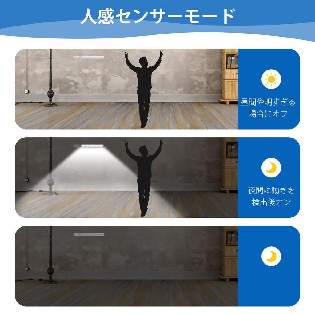 Derlights Motion Sensor Light, Set of 2, Kitchen Light, 26cm Long, Daylight White, Magnetic, Detachable, Steady-On, Sensor Mode, Reading Light, Table