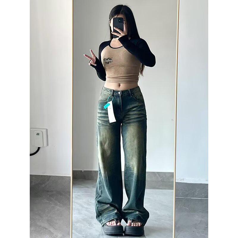 

Джинсы больших размеров в стиле ретро с потертостями, с высокой посадкой и широкими штанинами - Стройнящие брюки прямого кроя для женщин на осень 3XL синий