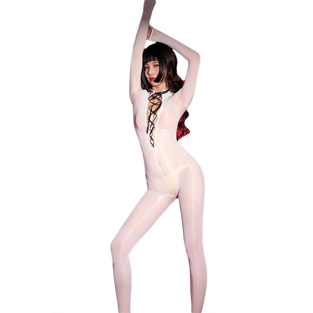 Sexy Women Oil Glossy Shiny Elastic Bodysuit Bandage Bodycon Hollow Out Sexy Tights Yoga Shaping Jumpsuits Cosplay Maid Leotard