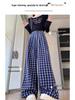 Zhao Lusi Style Women's Blue Plaid Wide-Leg Pants - 145 Petite, Early Autumn, Elegant Casual Straight-Leg