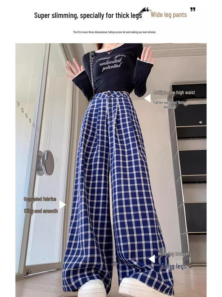 Zhao Lusi Style Women's Blue Plaid Wide-Leg Pants - 145 Petite, Early Autumn, Elegant Casual Straight-Leg