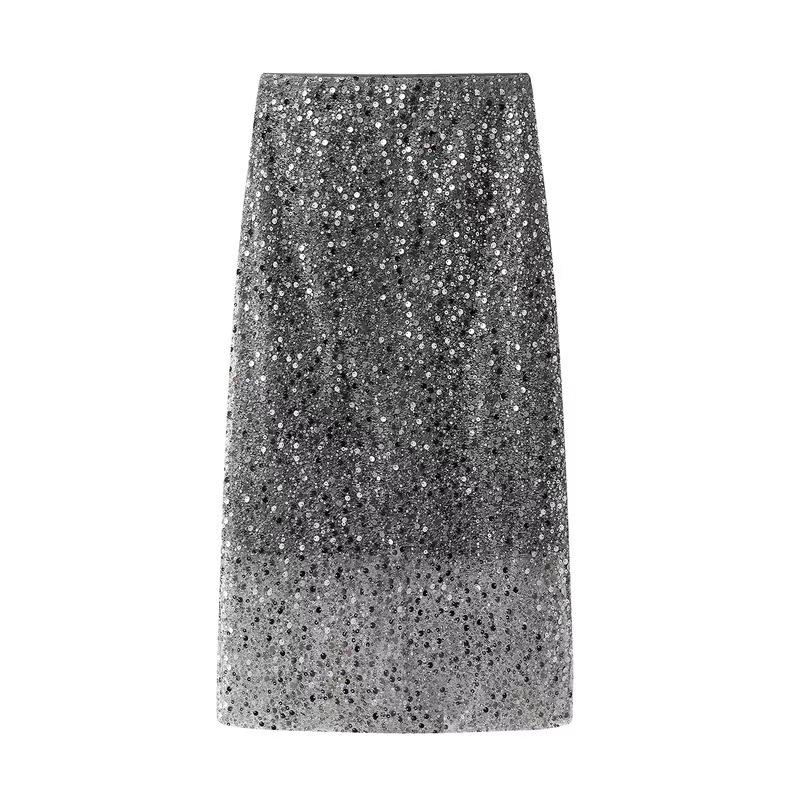Available: Spring 2026 High Waist Slim Fit Shiny Sequin Slit Midi Skirt BR351114