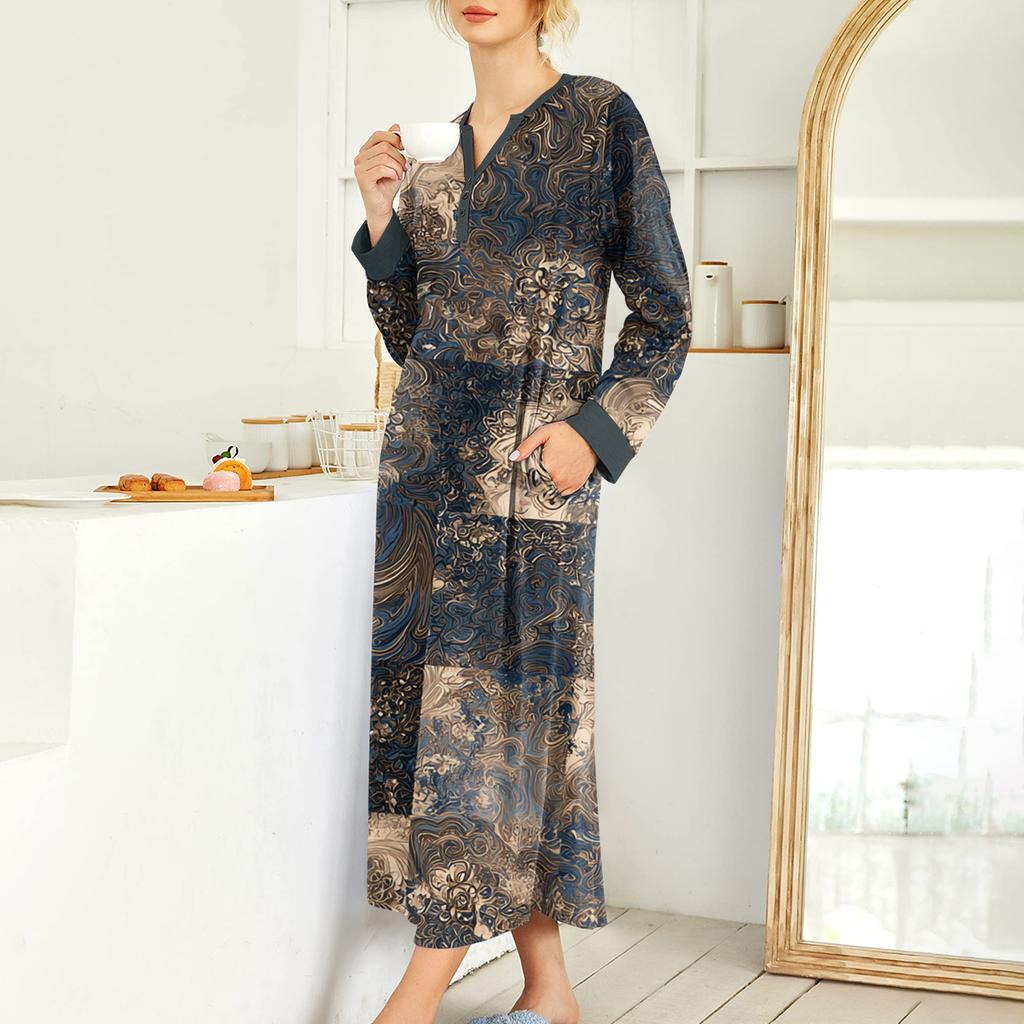 Women's Nightgown Long Loungewear V-neck Nightdress With Pockets