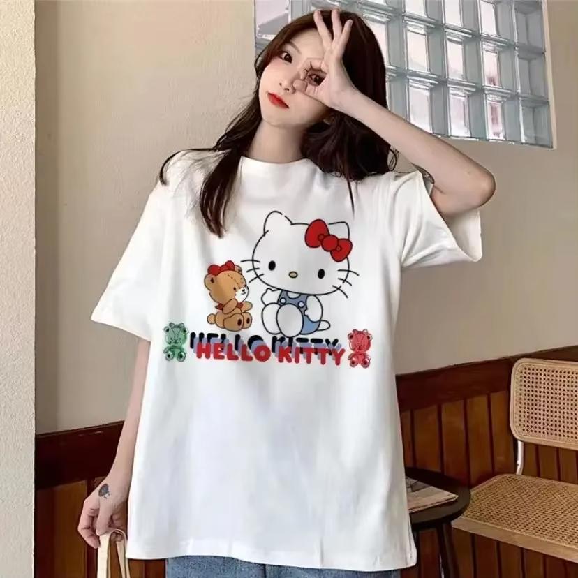 2026 Lovely  New Women Hello Kitty Pattern Anime Style Casual and Loose Comfortable summer Womens Tshirt loose fit