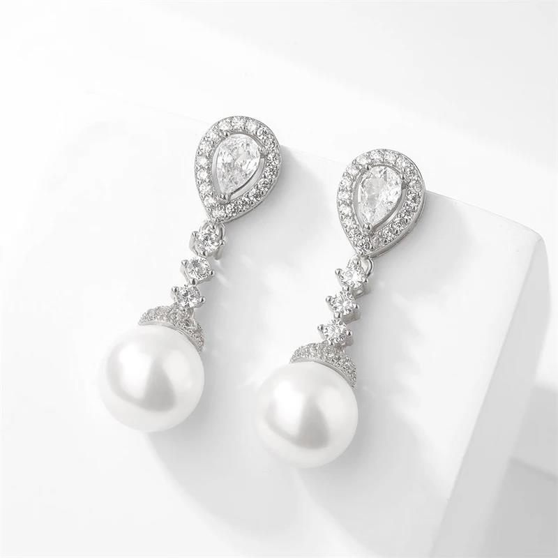 ZAKOL Elegant Round Imitation Pearl Earrings for Women Korean Fashion Water Drop CZ Bridal Earring Wedding Jewelry