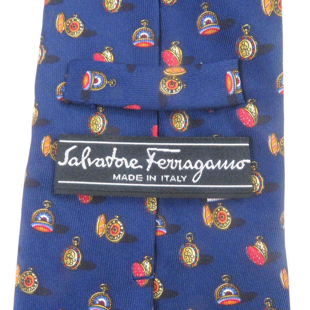 Salvatore Ferragamo tie Pocket watch all-over pattern wide tie Navy silk mens Used
