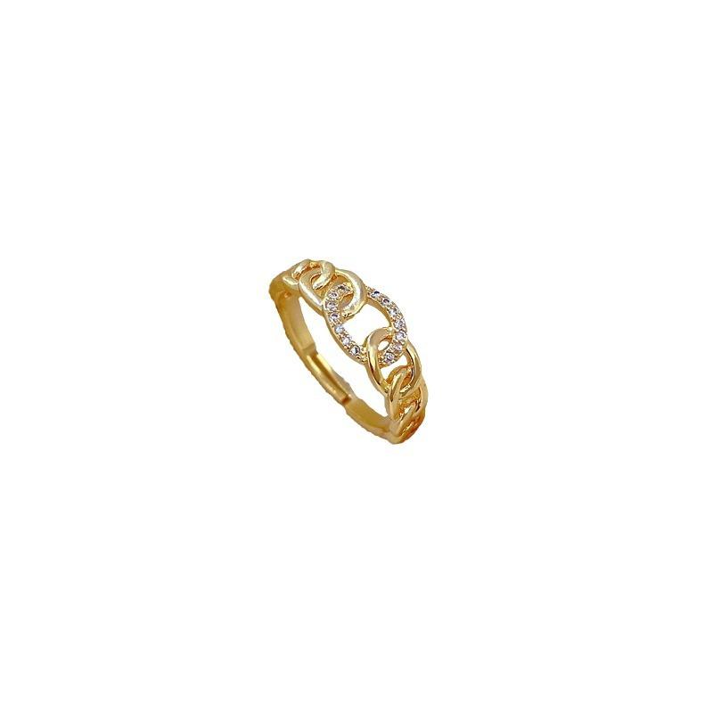 Real Gold Light Luxury Chain Full Diamond Ring Opening Adjustable Simple Jewelry Japanese Ring Couple Ring