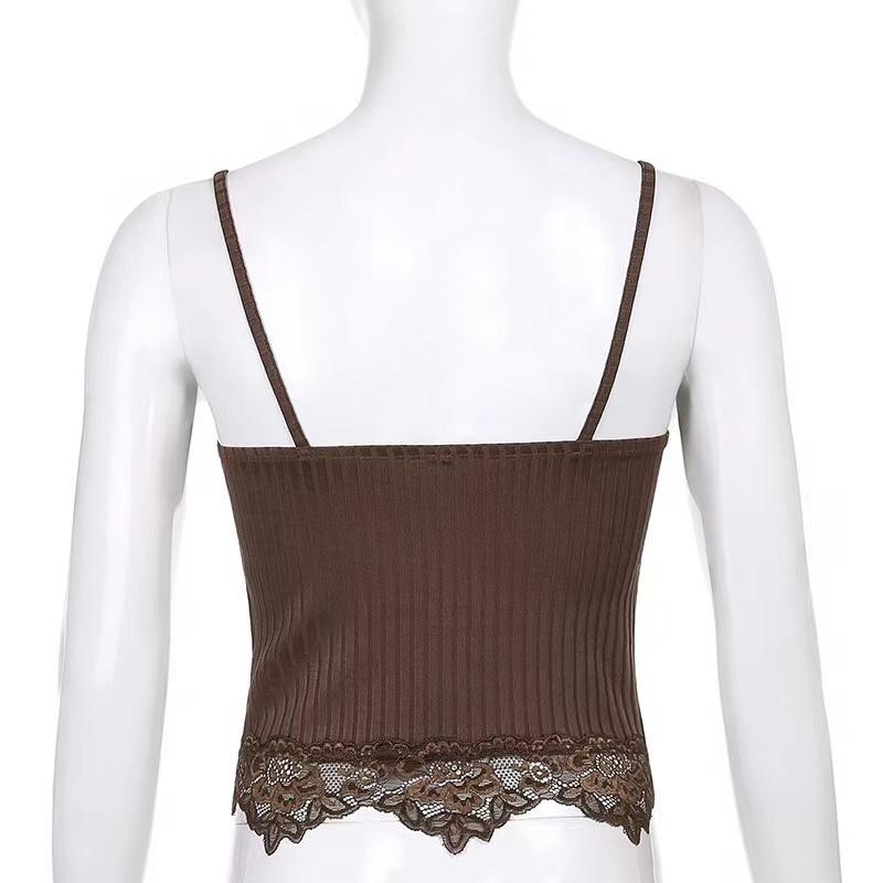 Goth Aesthetic Lace Patchwork Tank Tops For Women Sexy V-Neck Brown Retro Crop Tops Summer  Fashion Casual Camisole