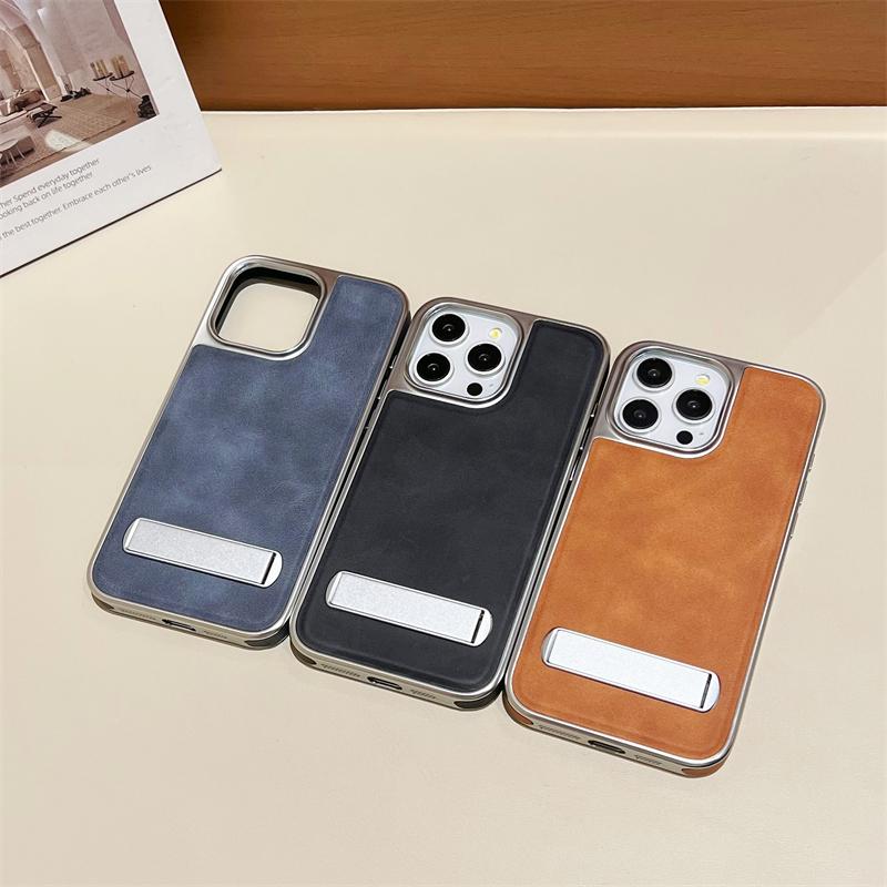 Luxus-Plating-Leder-Hülle mit verstecktem Metallhalter für iPhone 15 14 13 12 11 Pro Max Plus 15Pro 14Pro IPones-Ständer Stoßfeste Abdeckung