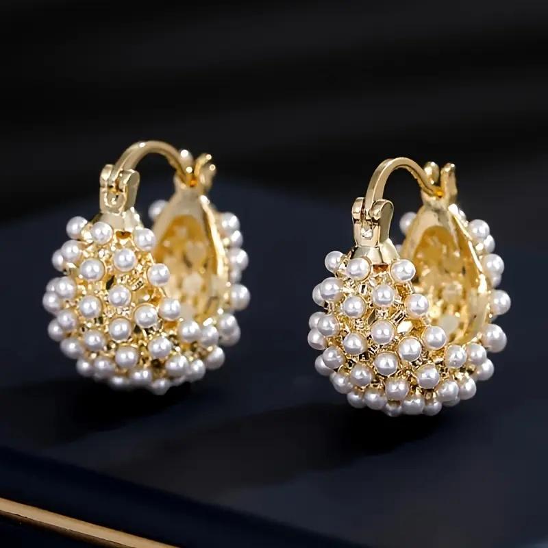 

Huitan Temperament Sweet Cluster Imitation Pearl Hoop Earrings for Women Gold Color Statement Daily Wear Female Zircon Gifts