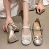 Gentle Wind Low Heel Round Head Mary Jane Shoes New Bow Pearl Ballet Shoes Women's Sweet Casual Shoes