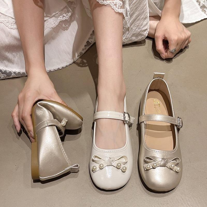 Gentle Wind Low Heel Round Head Mary Jane Shoes New Bow Pearl Ballet Shoes Women's Sweet Casual Shoes