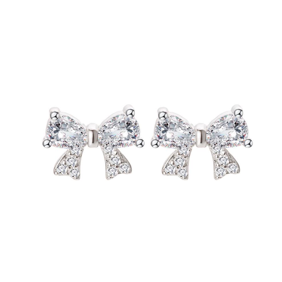 Korean Style Pink S925 Sterling Silver Bow Stud Earrings with Diamond Water Drop Design 925 Silver