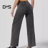 Damen Jeans, elastische hohe Taille, schmale Passform, leicht ausgestellt, weites Bein, lange Jeanshose mit Taschen, einfarbige Jeans