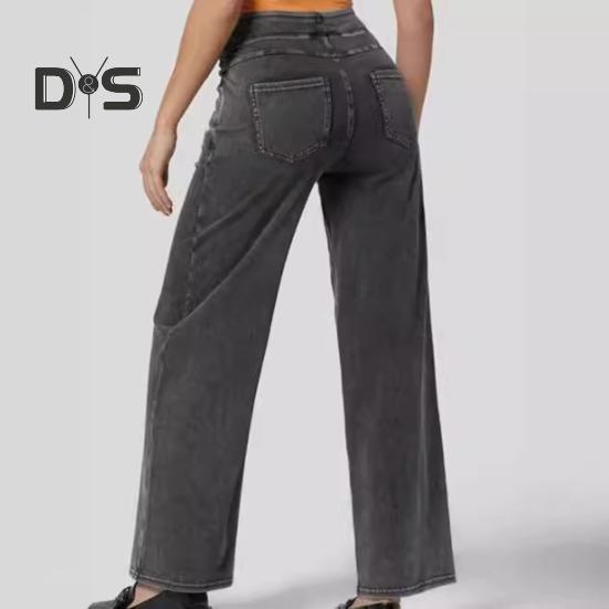 Pantalones vaqueros para mujer, cintura alta elástica, corte ajustado, ligeramente acampanados, pierna ancha, pantalones vaqueros largos con bolsillos, pantalones vaqueros de color sólido