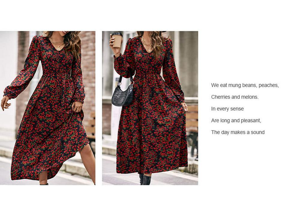 V-neck Long-sleeve Printed Dress - European & American Style, Spring/Autumn Collection