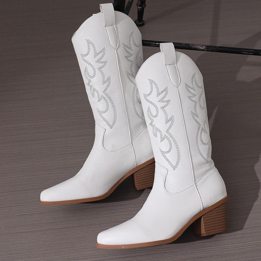 2024 Plus Size White Western High-Heeled Over-the-Knee Cowboy Boots for Women