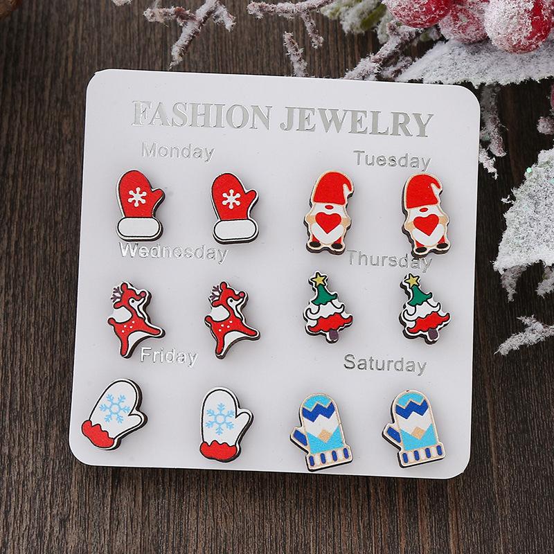 Hot Sale New Christmas Series Wooden Earrings Christmas Tree Bells Snowman Stud Earrings Set