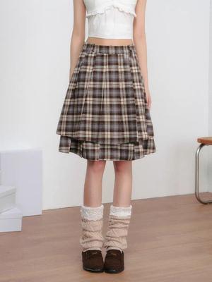 2025 Autumn/Winter Retro Plaid Patchwork A-line Mid-Length Skirt - Korean Style, Double-Layered & Pleated