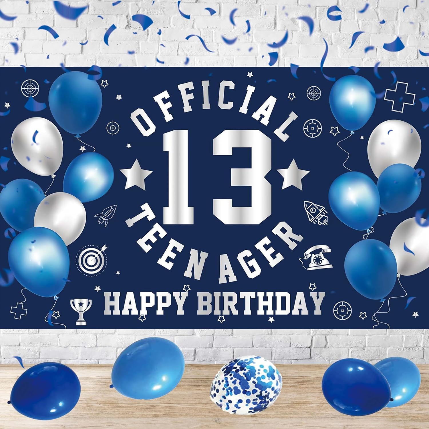 Happy 13th Birthday Decorations Large Official Teenager Backdrop Banner for Boys Girls Navy Blue White 13 Year Old Birthday Party Photo Props Decor