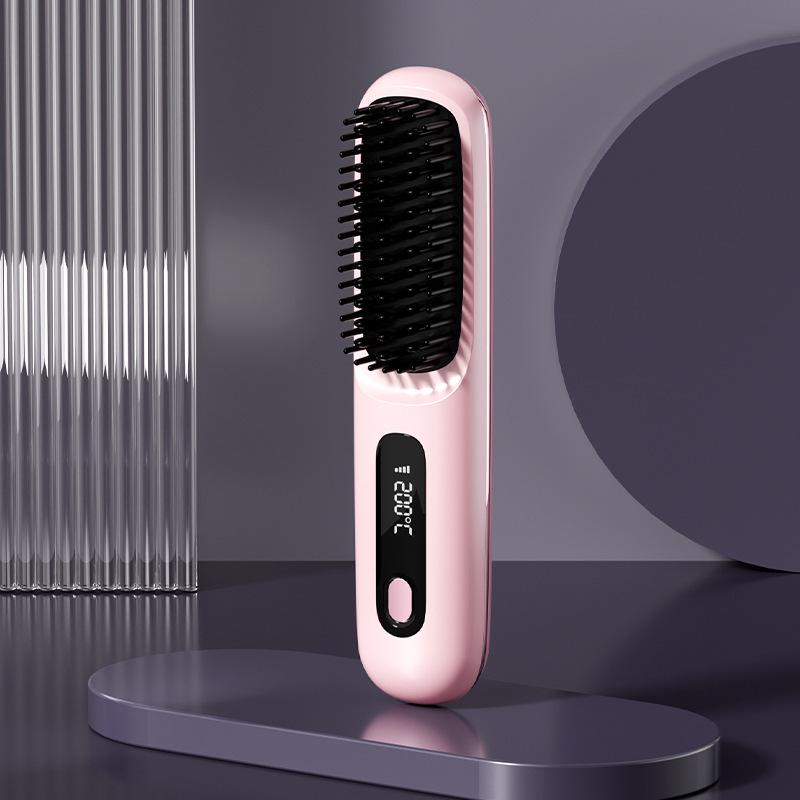 New Portable LCD Wireless Ceramic Hair Straightener Comb - Damage-Free and Rechargeable MINI Brush