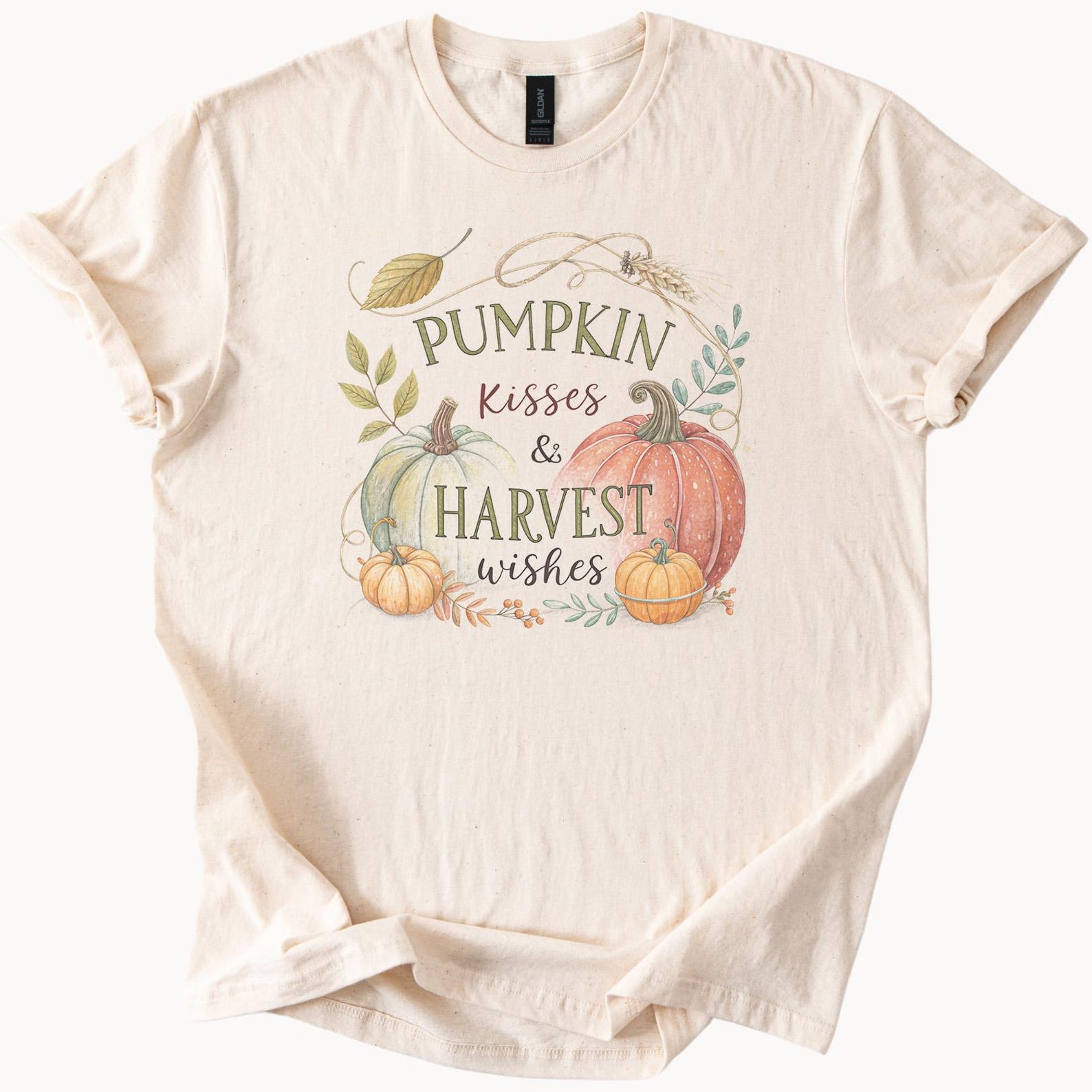Pumpkin Kisses Harvest Wishes Shirt Autumn Fall Pumpkins Graphic Tee Thanksgiving Farmhouse Shirt Cute Cozy Floral Leaf Design TShirt 150