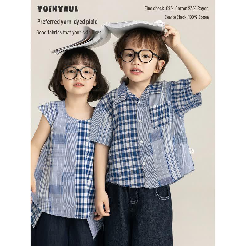 Yoyou Boys  Summer Irregular Plaid Short-Sleeve Shirt 120 cm
