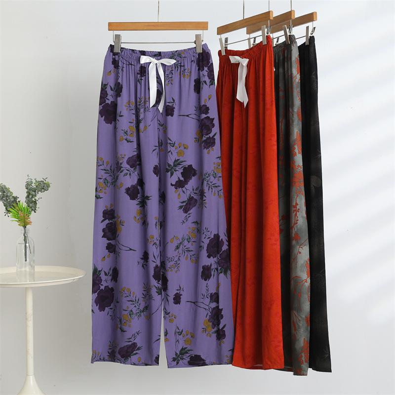 Summer Cotton & Rayon Slimming Outfit: Short-Sleeve Top & Floral Straight-Leg Pants for Middle-Aged and Elderly Women