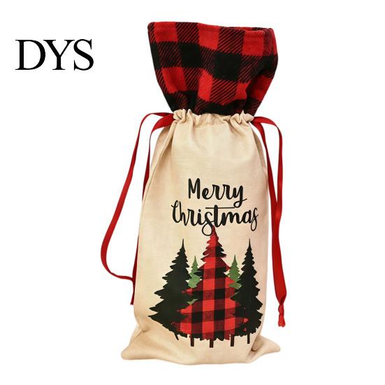 Christmas Party Table Decorations Wine Gift Bag, Reusable Burlap Bottle Cover with Drawstring, Plaid Bags Xmas Tree Gnome Truck Print Sleeves