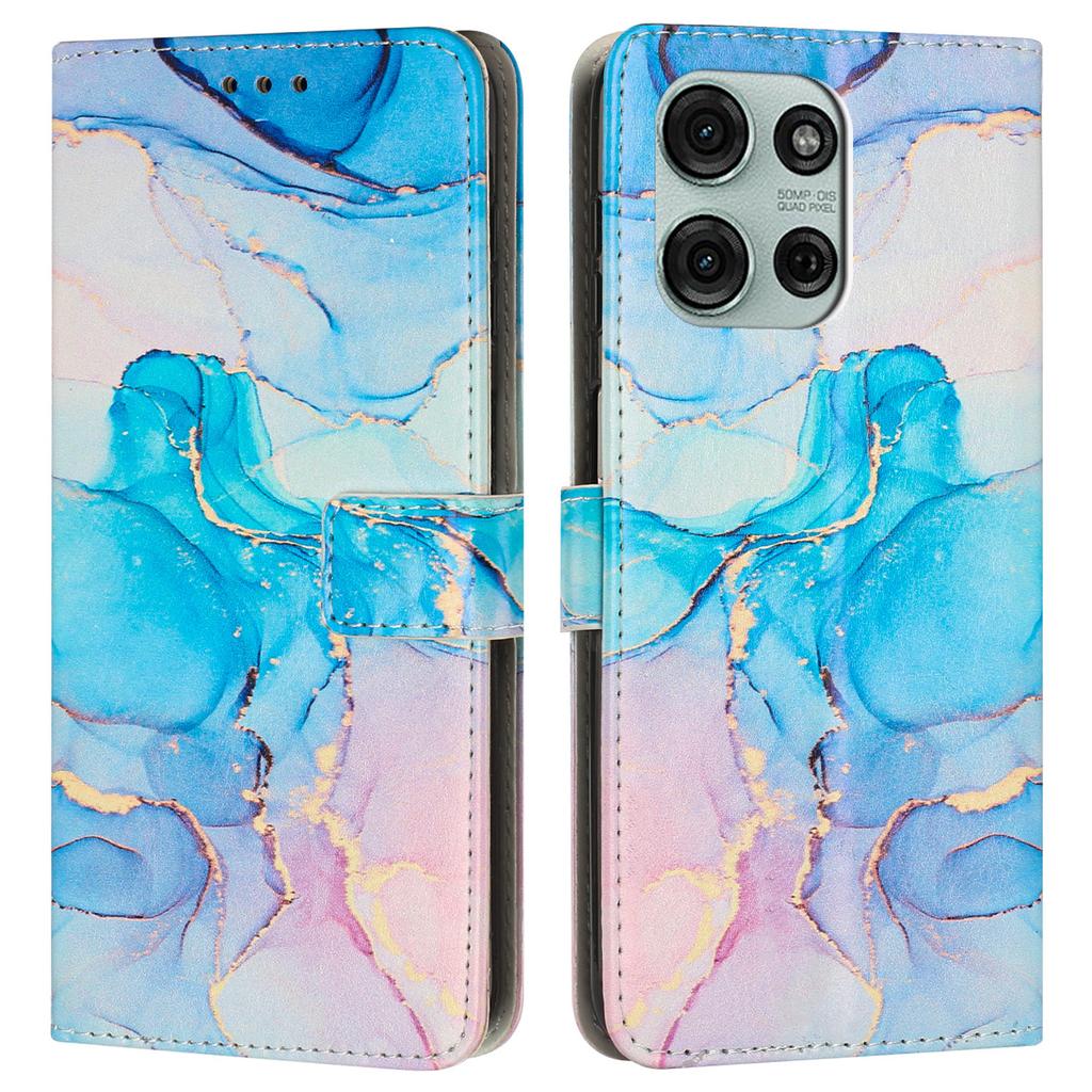 For Motorola Moto G75 5G Stand Case Marble Pattern PU Leather Wallet Phone Cover with Wrist Strap