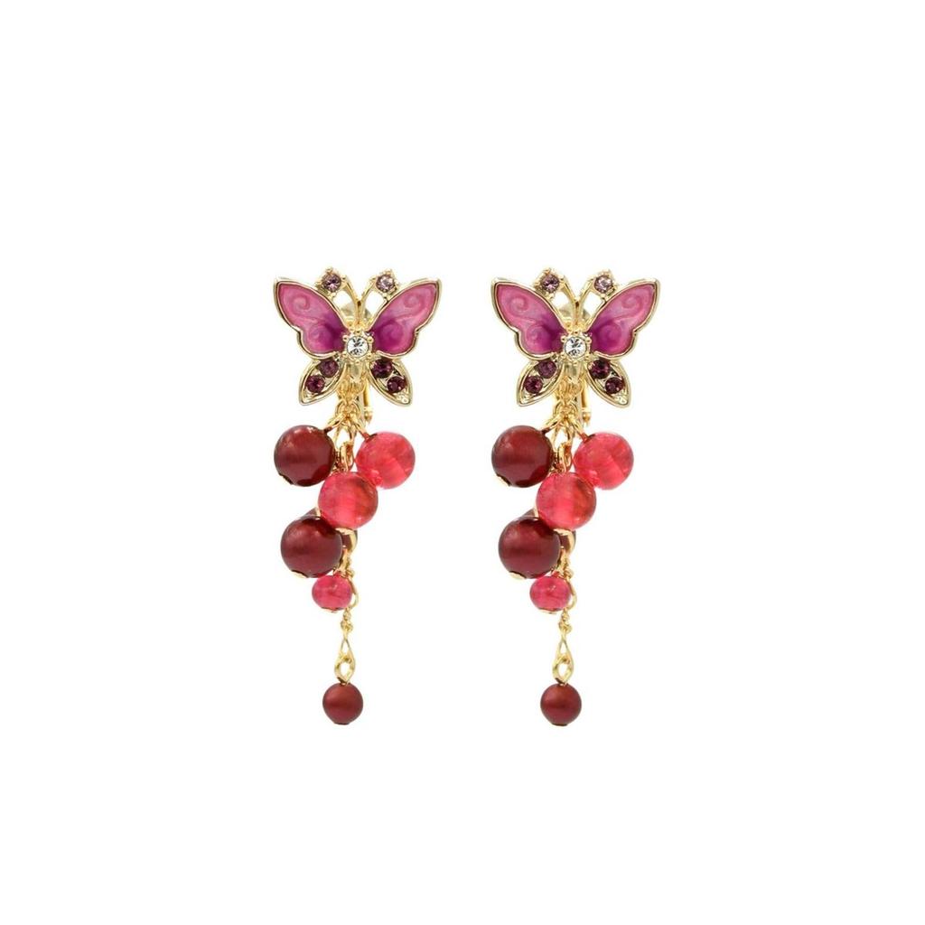 ANNA SUI Currant Motif 2-Way Clip-On Earrings Butterfly Pearl Glass Gold Plated SAME1543 XR