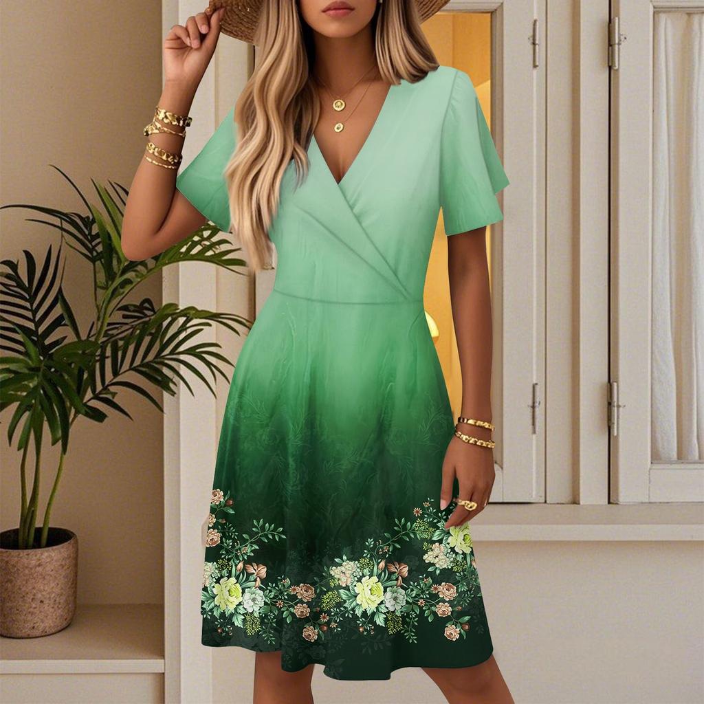 Women's Summer Classic Print Dress Casual Beach A-line V-neck Loose Sundress
