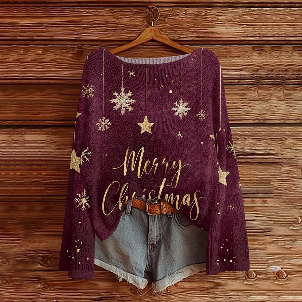 Women's Round Neck Lightweight Sweater Casual Long Sleeve Christmas Print Knit Pullover