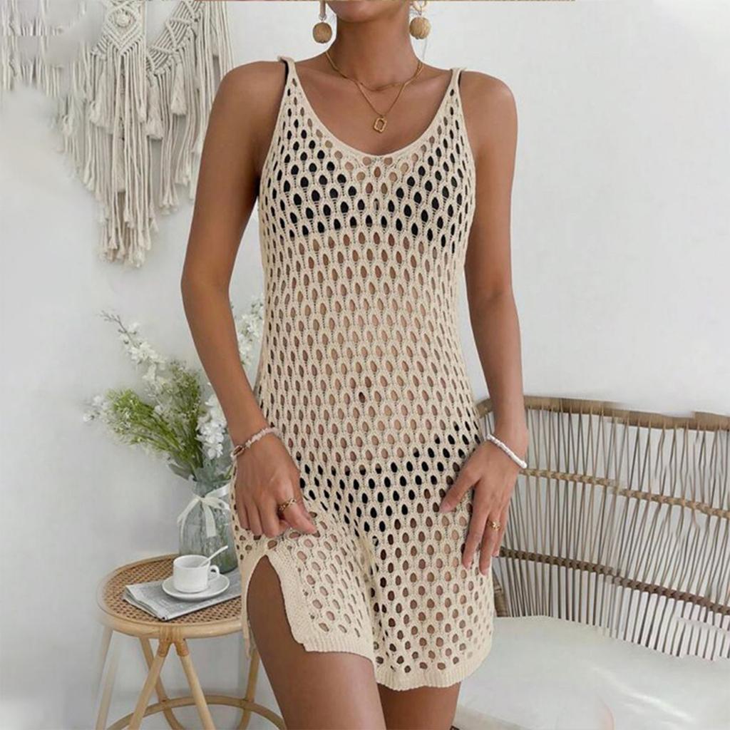 Women's Beach Dress Solid Color Sexy Knit Hollow Beach Bikini Swimsuit Cover Up