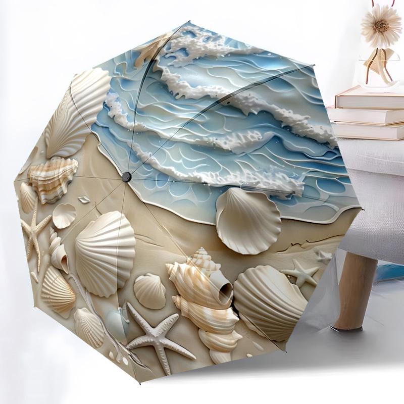 1pc Seashells Oceanwaves Automatic Open/Close Folding Umbrella - Compact 8-Rib Design, Daily Use, Perfect Gift for Friends & Family yy260327070