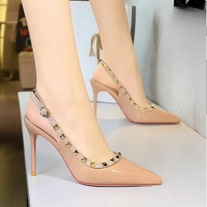 Fashion Spring Summer 2025 Studed Shallow Mouth Pointed Toe High Heels Stiletto Sandals Women