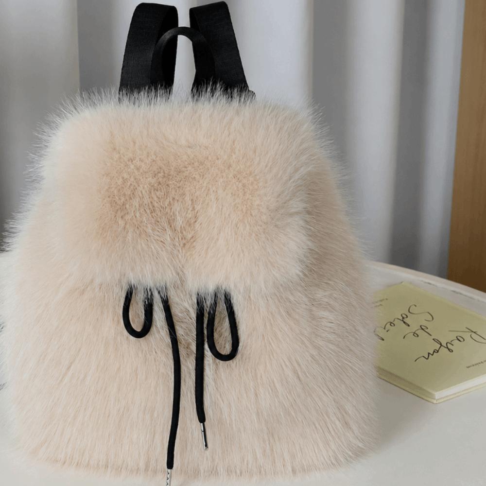 Drawstring Mini Daypack Adjustable Closure Plush Knapsack Y2k Fashion Faux Fur Backpack Travel