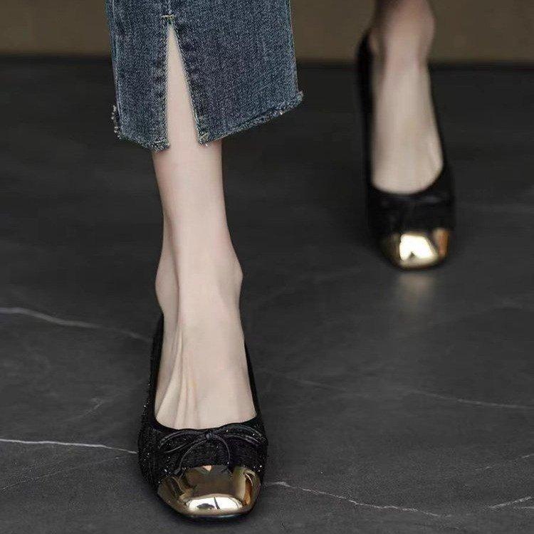 Bow Shallow Mouth Single Shoes Women's Spring and Summer 2025 New Ballet Shoes Soft Sole Metal Flat Shoes Women's Single Shoes