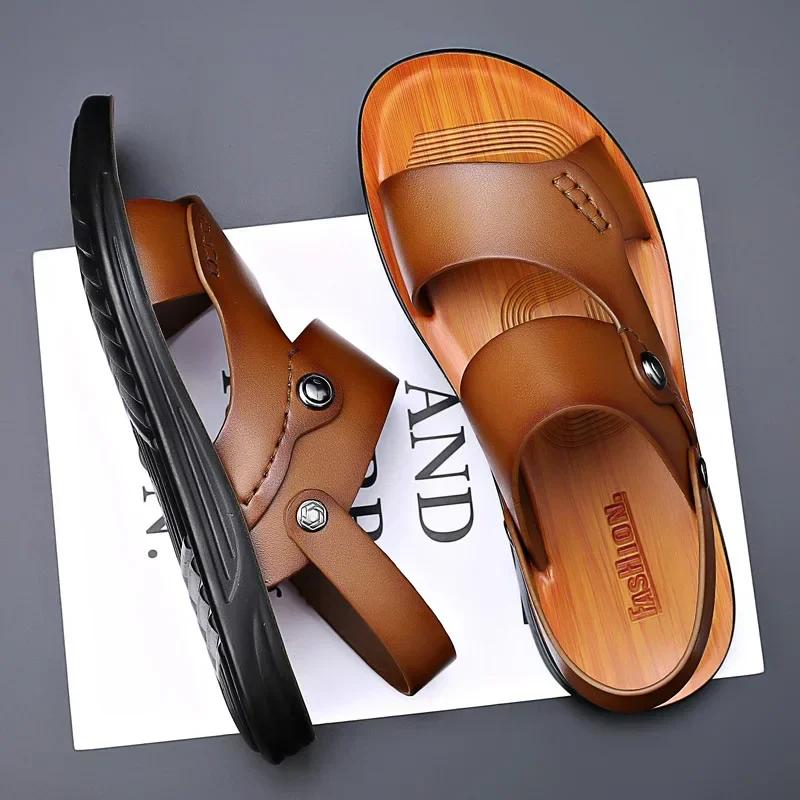 Classic  New Men's Sandals Genuine Leather Sandals for Men Outdoor Beach Slippers Leather Shoes 2024 Sandalias De Hombre