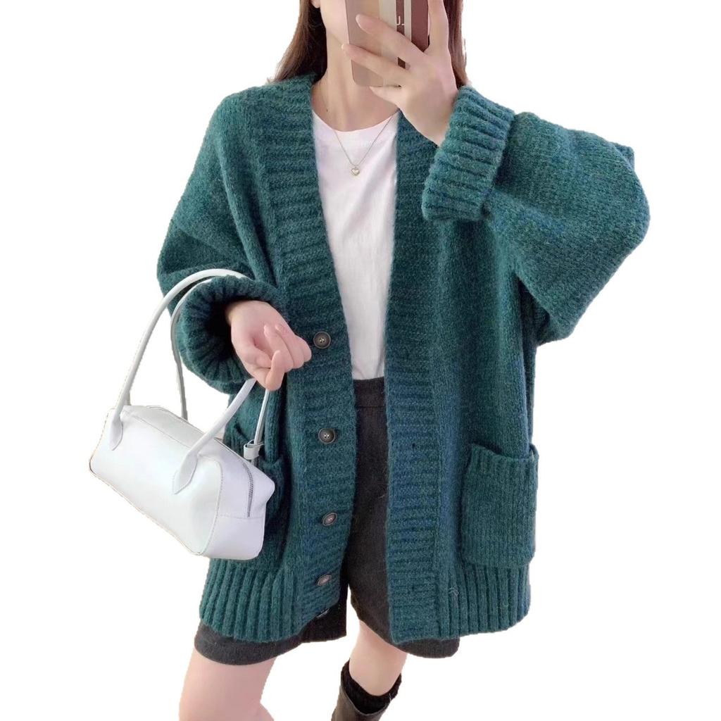 Korean version v-neck lazy wind knitted cardigan women's autumn and winter new high-end thickened solid color loose sweater jacket
