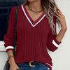 Modisches Elegantes Lässiges Herbst/Winter Komfort Weiches Atmungsaktives Unifarben Gerippt Kontrastfarbene Nähte V-Ausschnitt Langarm Damen Oberteil T-Shirt