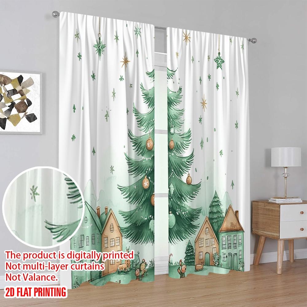 2 Stück, 2D-Flachdruckmuster Vorhänge Weihnachtsbaum Schneedorf Polyester Einfache Installation (ohne Stange) Vielseitig Alles Perfekt