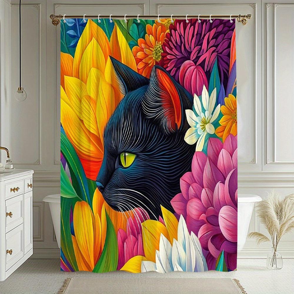 

1Pc Animal-Themed Shower Curtain With Cat Illustration And Floral Elements, Creative Design For A Beautiful And Vibrant Bathroom W60H190(CM)-1 Pcs